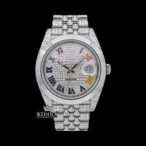 Bust Down Rainbow Roman Numerals Silver Moissanite Diamond Watch