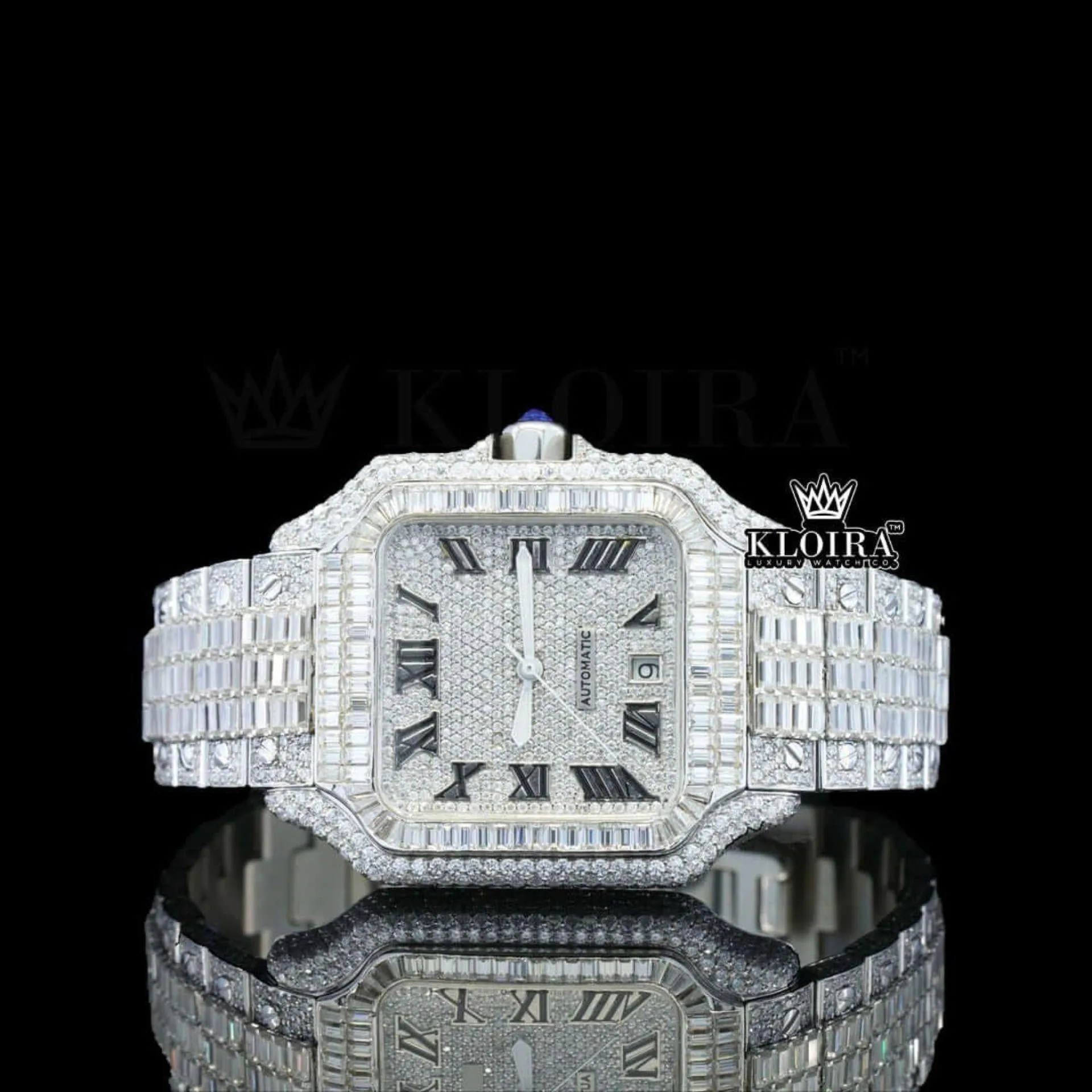 Bust Down Roman Numerals Baguette Moissanite Diamond Watch Front View