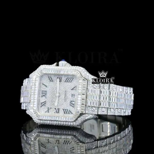 Bust Down Roman Numerals Baguette Moissanite Diamond Watch Left Profile View