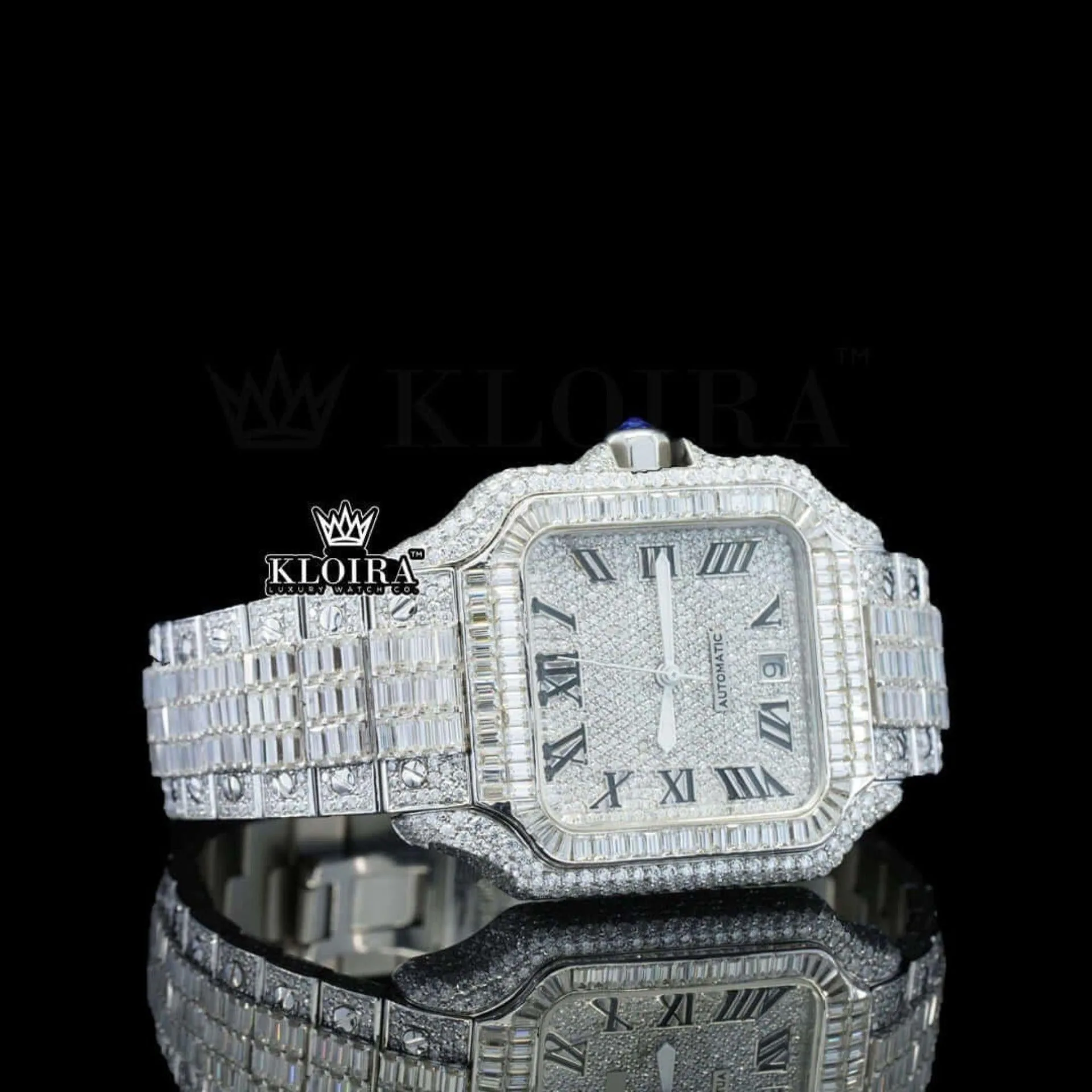 Bust Down Roman Numerals Baguette Moissanite Diamond Watch Right Profile View