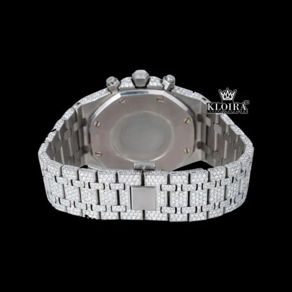 Bust Down Silver Dial Stick Markers Chronograph Moissanite Diamond Watch Caseback View