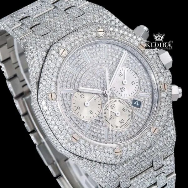 Bust Down Silver Dial Stick Markers Chronograph Moissanite Diamond Watch Close Up Dial View