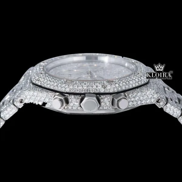 Bust Down Silver Dial Stick Markers Chronograph Moissanite Diamond Watch Crown View