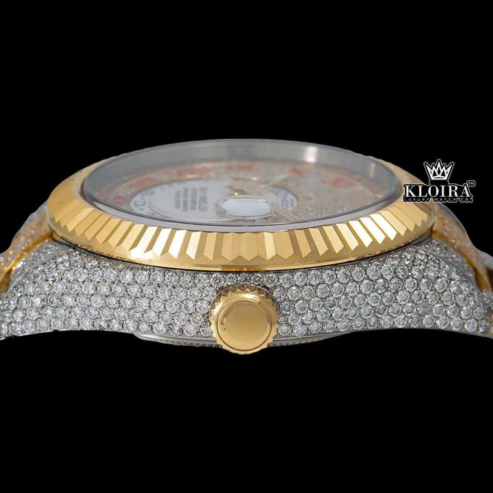 Bust Down Two Tone Yellow Dial Roman Numerals Fluted Bezel Moissanite Watch Crown View