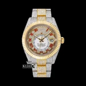 Bust Down Two Tone Yellow Dial Roman Numerals Fluted Bezel Moissanite Watch