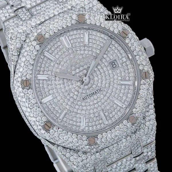 Bust Down White Dial Diamond Markers Moissanite Diamond Watch Close Up Dial View