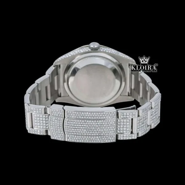 Bust Down White dial rainbow Arabic Numerals Moissanite Diamond watch Caseback View