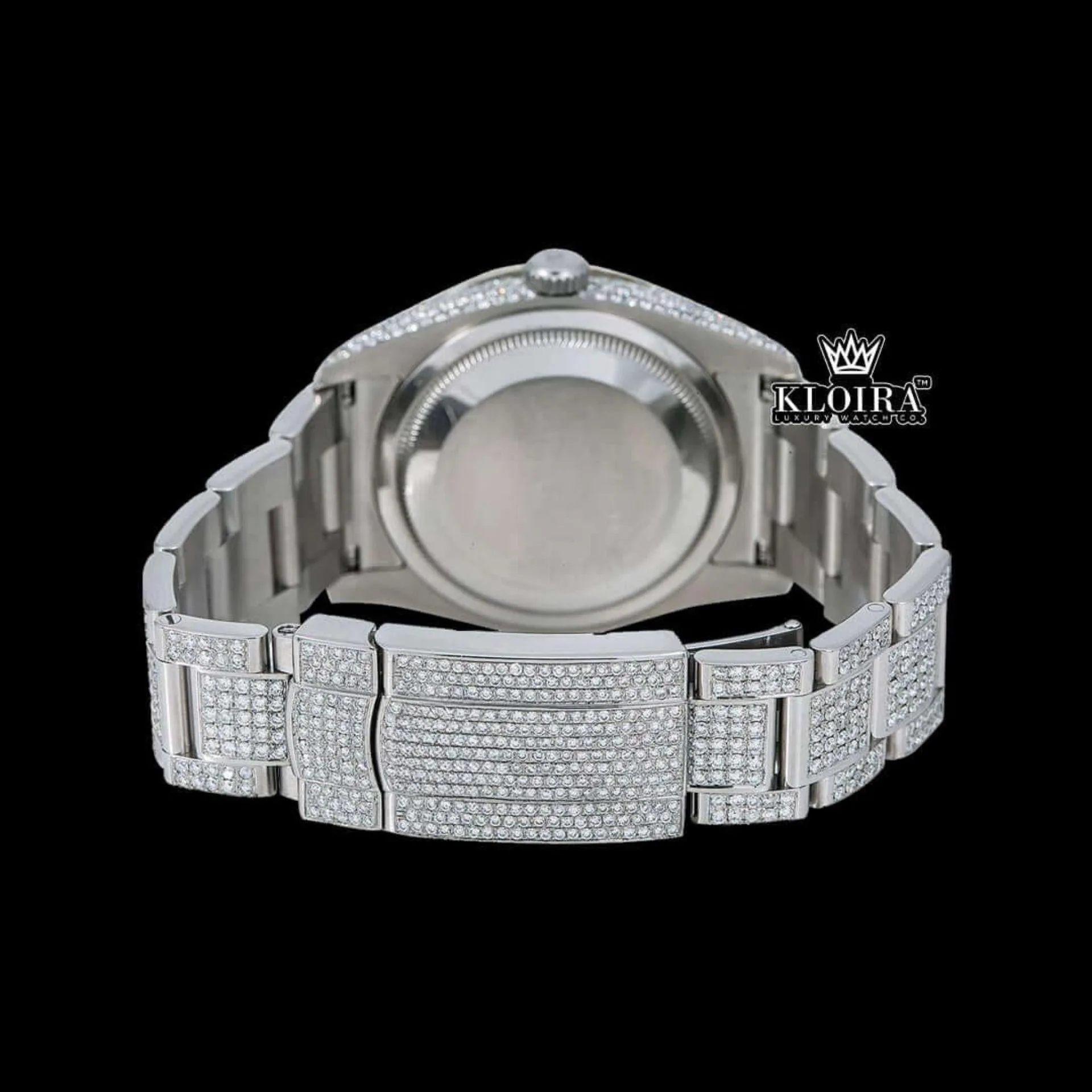 Bust Down White dial rainbow Arabic Numerals Moissanite Diamond watch Caseback View