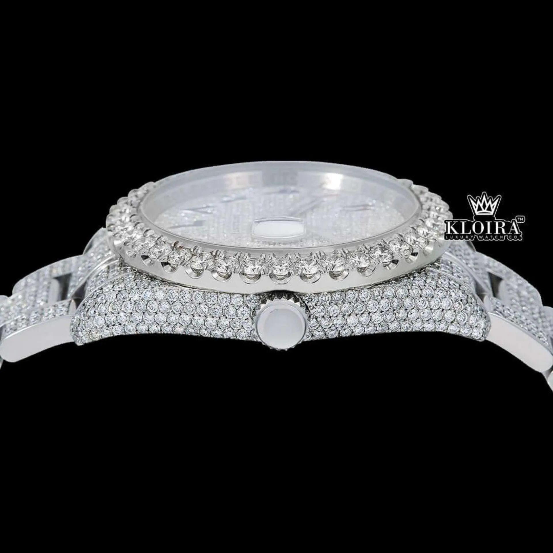 Bust Down White dial rainbow Arabic Numerals Moissanite Diamond watch Crown View