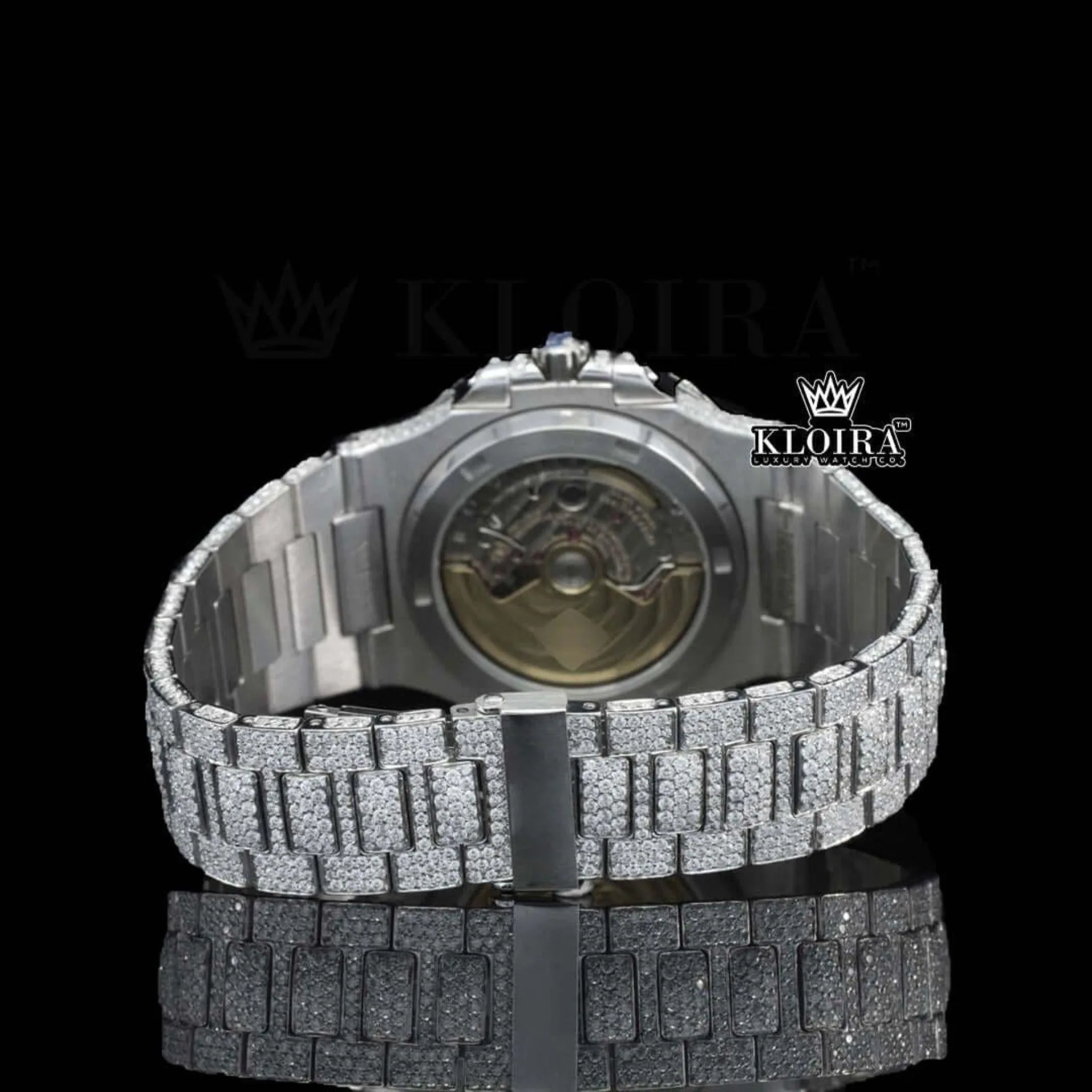 Bust Down White Dial Stick Markers Lab Grown Diamond Watch Close Up Caseback View