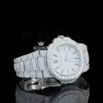 Bust Down White Dial Stick Markers Lab Grown Diamond Watch Close Up Right Profile View