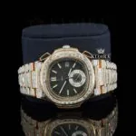 Chronograph Black Dial Rose Gold Baguette Strap Moissanite Watch Close Up Front View