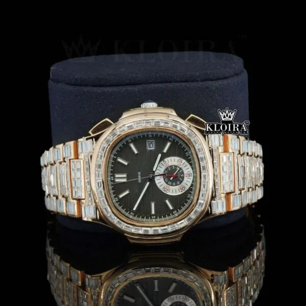 Chronograph Black Dial Rose Gold Baguette Strap Moissanite Watch Close Up Front View