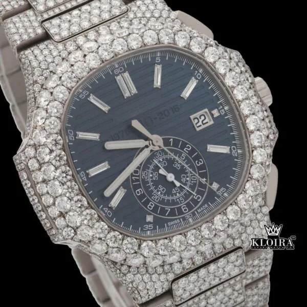 Chronograph Blue Dial Full Iced Out Moissanite Diamond Watch Close Up Dial View
