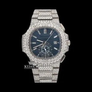 Chronograph Blue Dial Full Iced Out Moissanite Diamond Watch