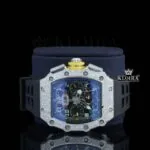 Chronograph Dial Black Rubber Strap Semi Iced Out Moissanite Watch Close Up Front View