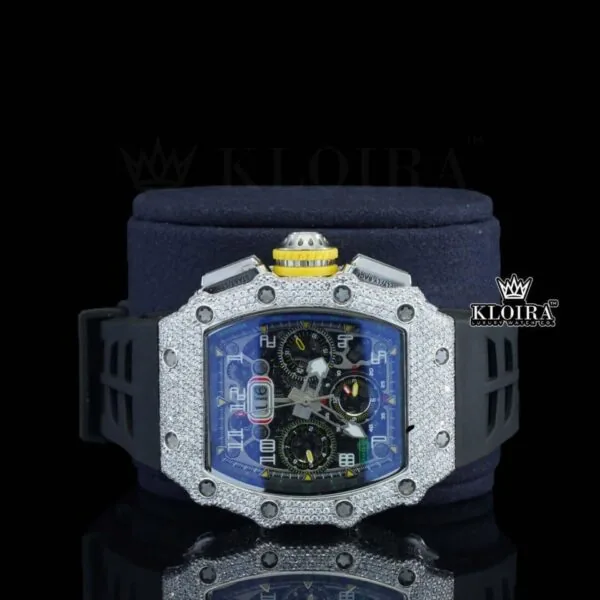 Chronograph Dial Black Rubber Strap Semi Iced Out Moissanite Watch Close Up Front View