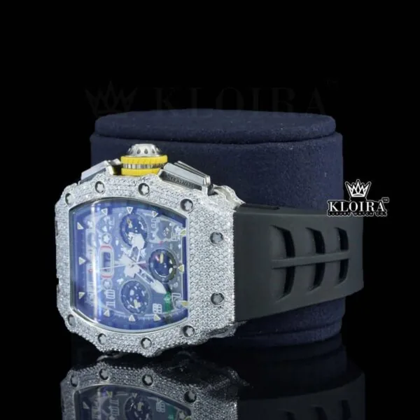 Chronograph Dial Black Rubber Strap Semi Iced Out Moissanite Watch Left Side View