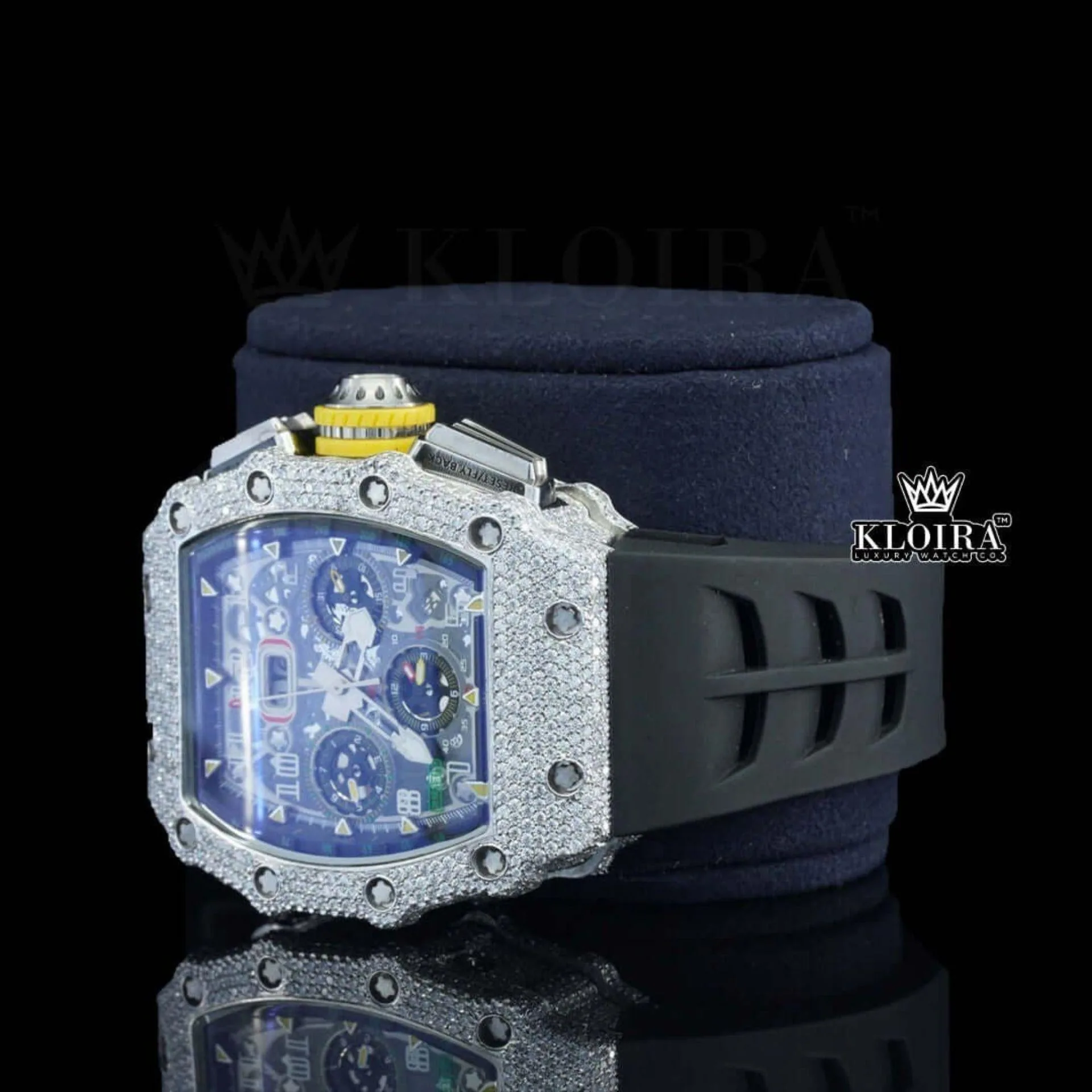 Chronograph Dial Black Rubber Strap Semi Iced Out Moissanite Watch Left Side View