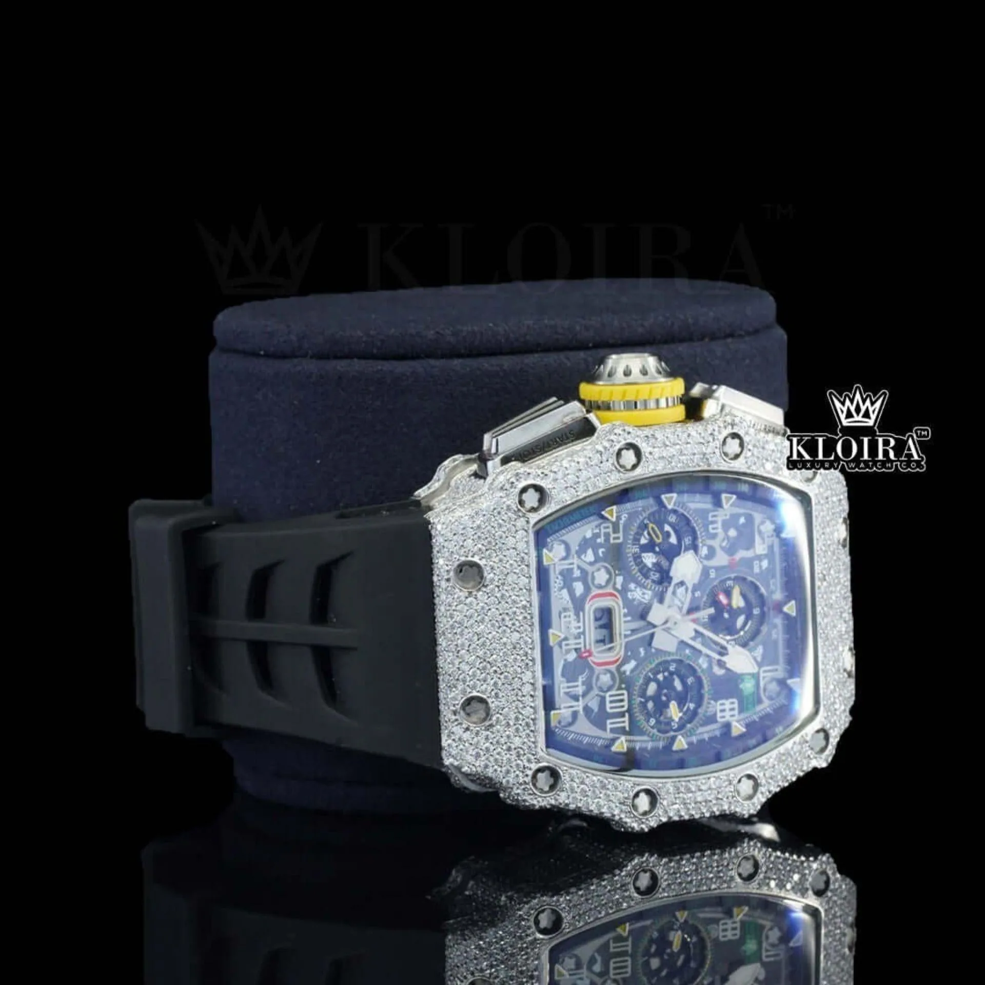 Chronograph Dial Black Rubber Strap Semi Iced Out Moissanite Watch Right Profile View
