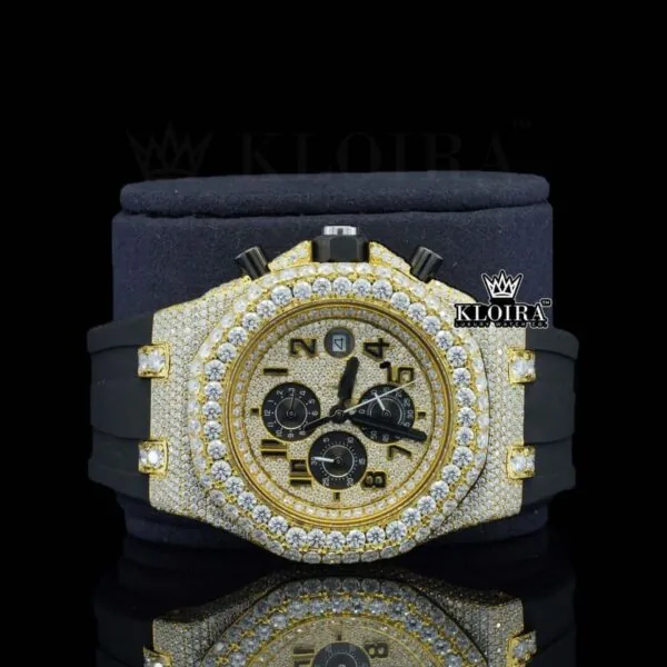 Chronograph Dial Rubber Strap Semi Iced Out Yellow Gold Lab Grown Diamond Watch Close Up Front View