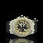 Chronograph Dial Rubber Strap Semi Iced Out Yellow Gold Lab Grown Diamond Watch