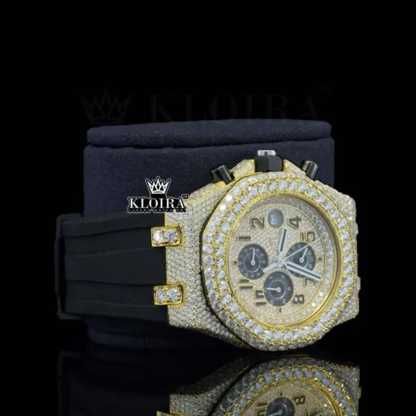 Chronograph Dial Rubber Strap Semi Iced Out Yellow Gold Lab Grown Diamond Watch Right Side View