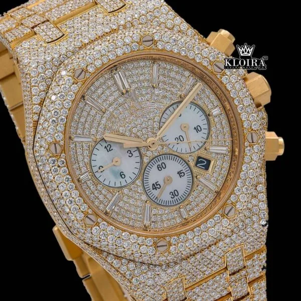 Chronograph Diamond Markers Yellow Gold Moissanite Diamond Watch Close Up Dial View