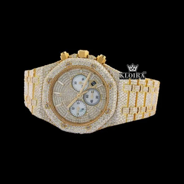 Chronograph Diamond Markers Yellow Gold Moissanite Diamond Watch Crown View