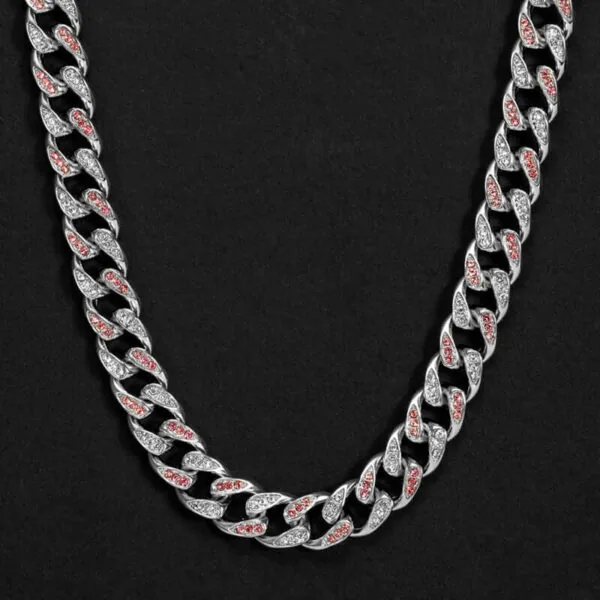 Closeup View of 14mm Round Moissanite Cuban Link Chain Crimson in 14K White Gold