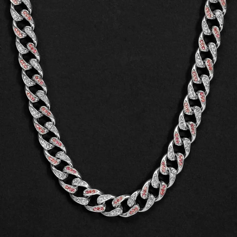 Closeup View of 14mm Round Moissanite Cuban Link Chain Crimson in 14K White Gold