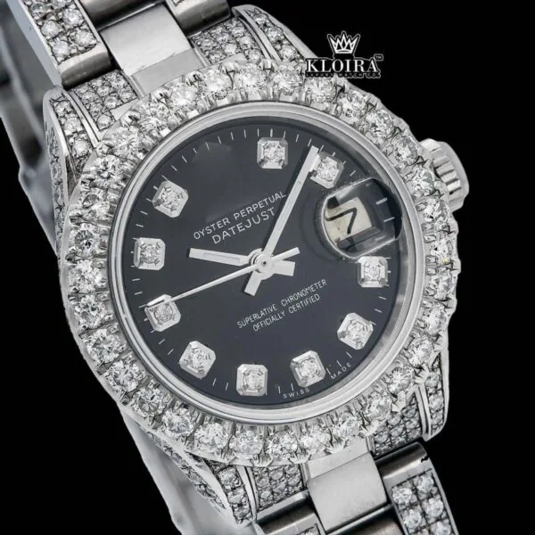 Date Display Black Dial Moissanite Diamond Watch 14K Gold VVS 19 Ct 42mm Close Up Dial View