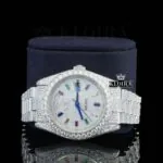 Day Date Display Rainbow Stick Markers Dial Full Iced Out Moissanite Watch Close Up Front View