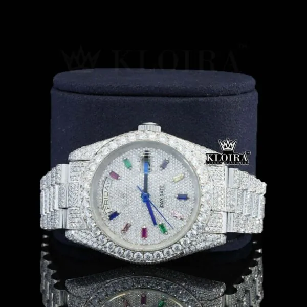Day Date Display Rainbow Stick Markers Dial Full Iced Out Moissanite Watch Close Up Front View