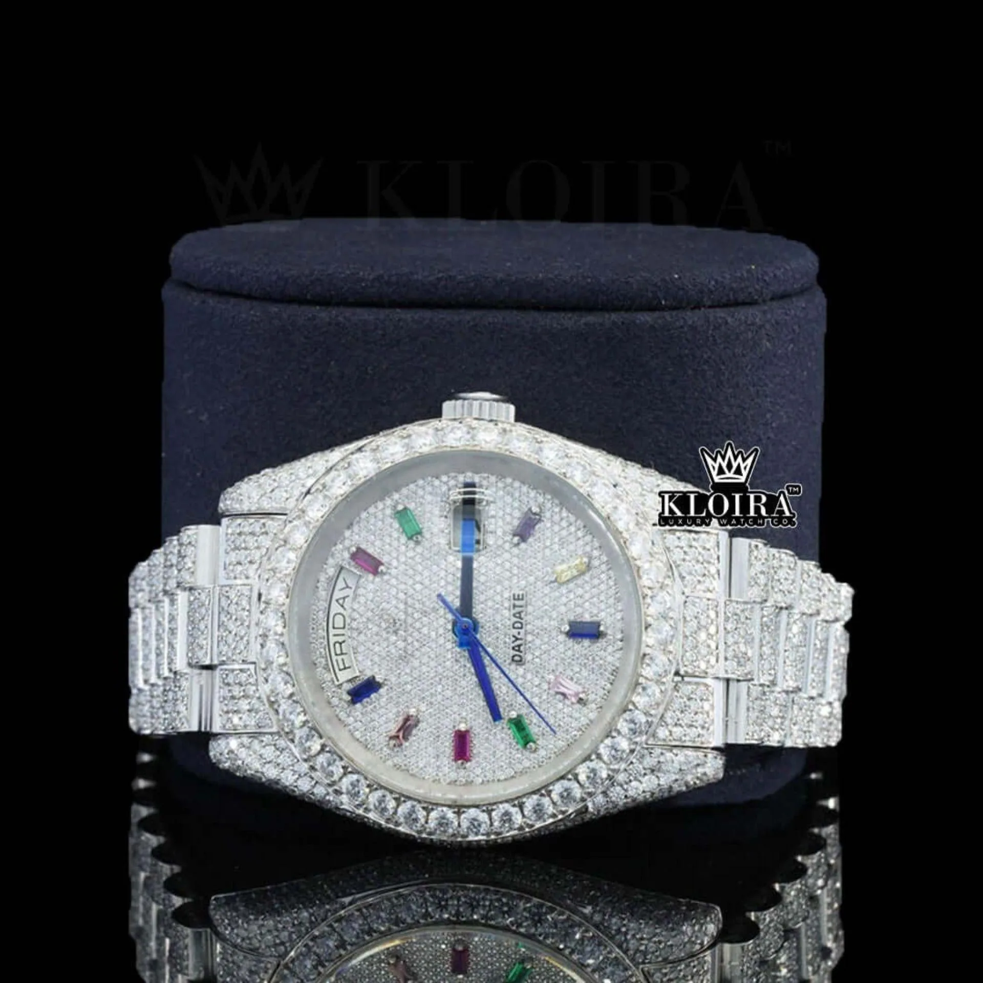 Day Date Display Rainbow Stick Markers Dial Full Iced Out Moissanite Watch Close Up Front View