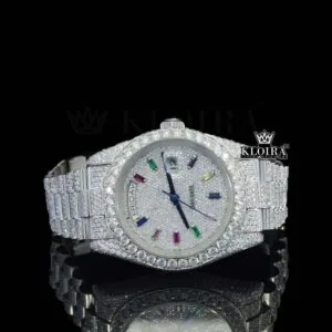 Day Date Display Rainbow Stick Markers Dial Full Iced Out Moissanite Watch