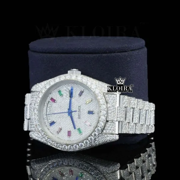 Day Date Display Rainbow Stick Markers Dial Full Iced Out Moissanite Watch Left Profile View