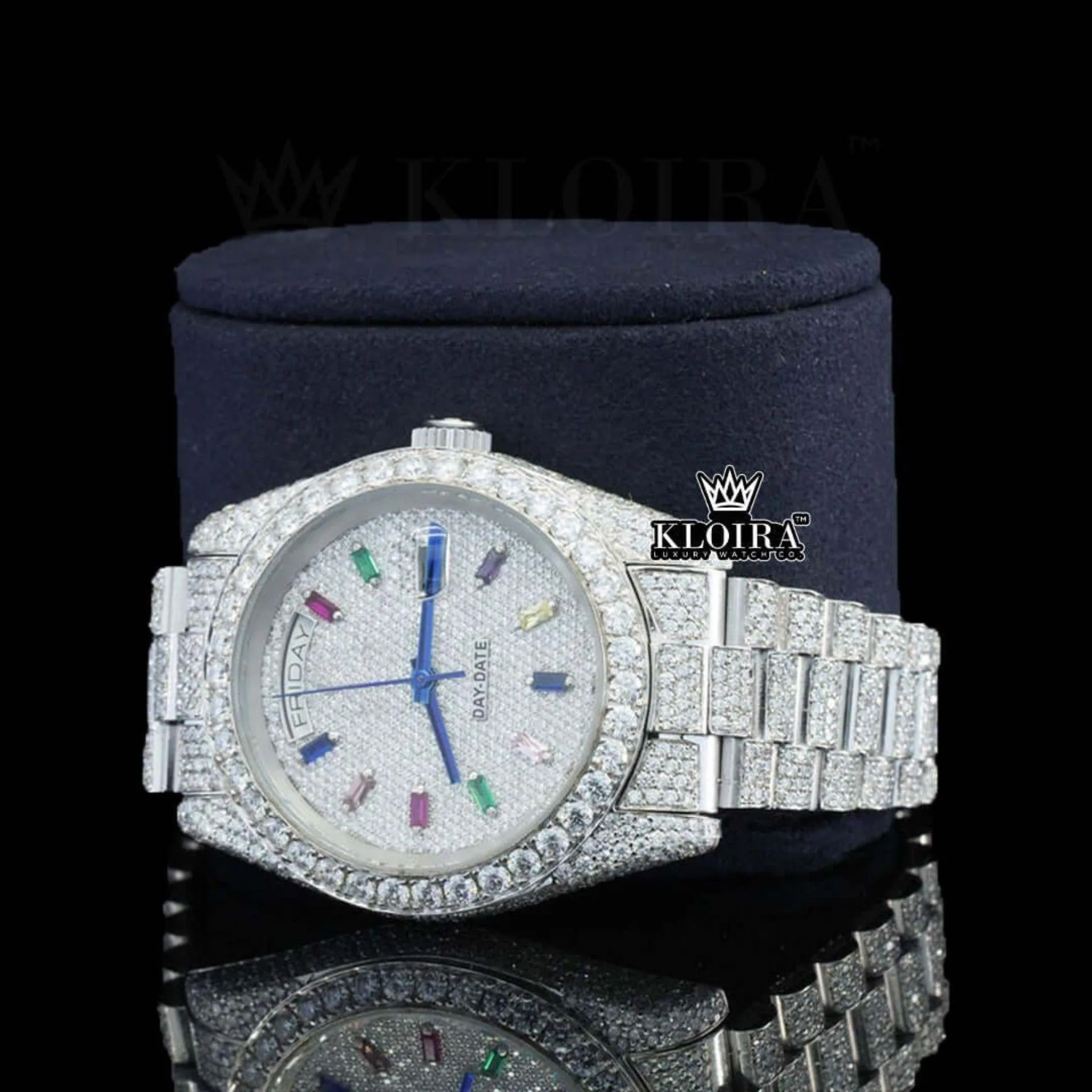 Day Date Display Rainbow Stick Markers Dial Full Iced Out Moissanite Watch Left Profile View