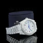 Day Date Display Rainbow Stick Markers Dial Full Iced Out Moissanite Watch Right Profile View