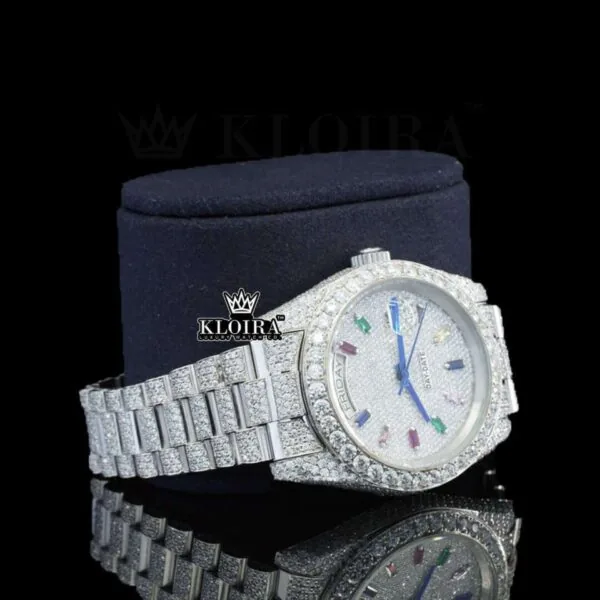 Day Date Display Rainbow Stick Markers Dial Full Iced Out Moissanite Watch Right Profile View