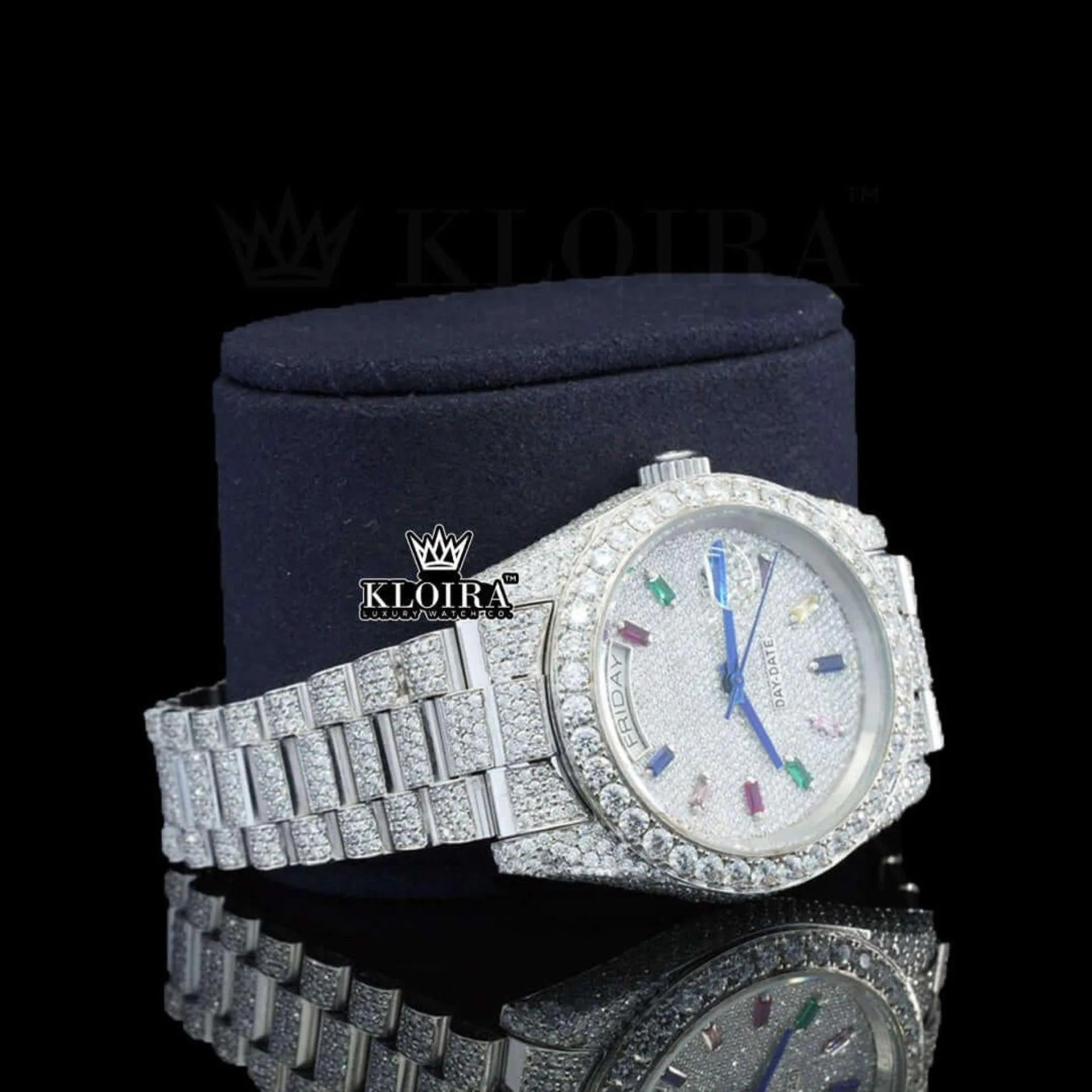 Day Date Display Rainbow Stick Markers Dial Full Iced Out Moissanite Watch Right Profile View