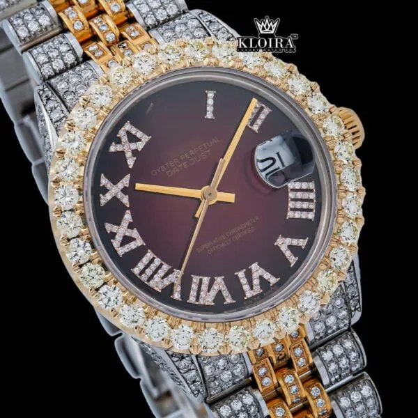 Diamond Bazel Brown Roman DIal Two Tone Moissanite Watch Close Up Dial View