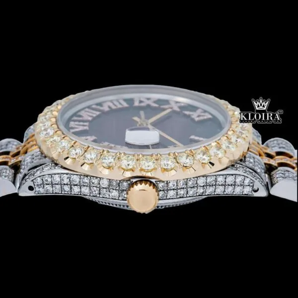 Diamond Bazel Brown Roman DIal Two Tone Moissanite Watch Crown View