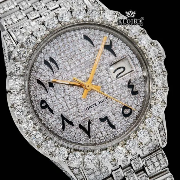 Diamond Bezel Arabic Dial Fully Iced Out Moissanite Watch Close Up Dial View