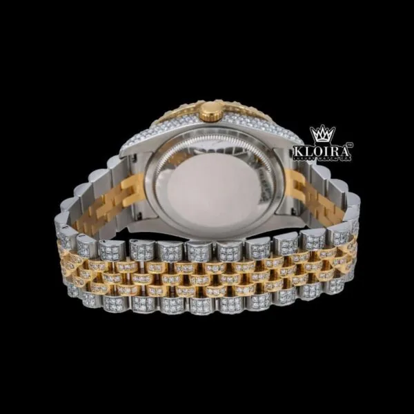 Diamond Bezel Arabic Dial Two Tone Iced Out Moissanite Watch Caseback View