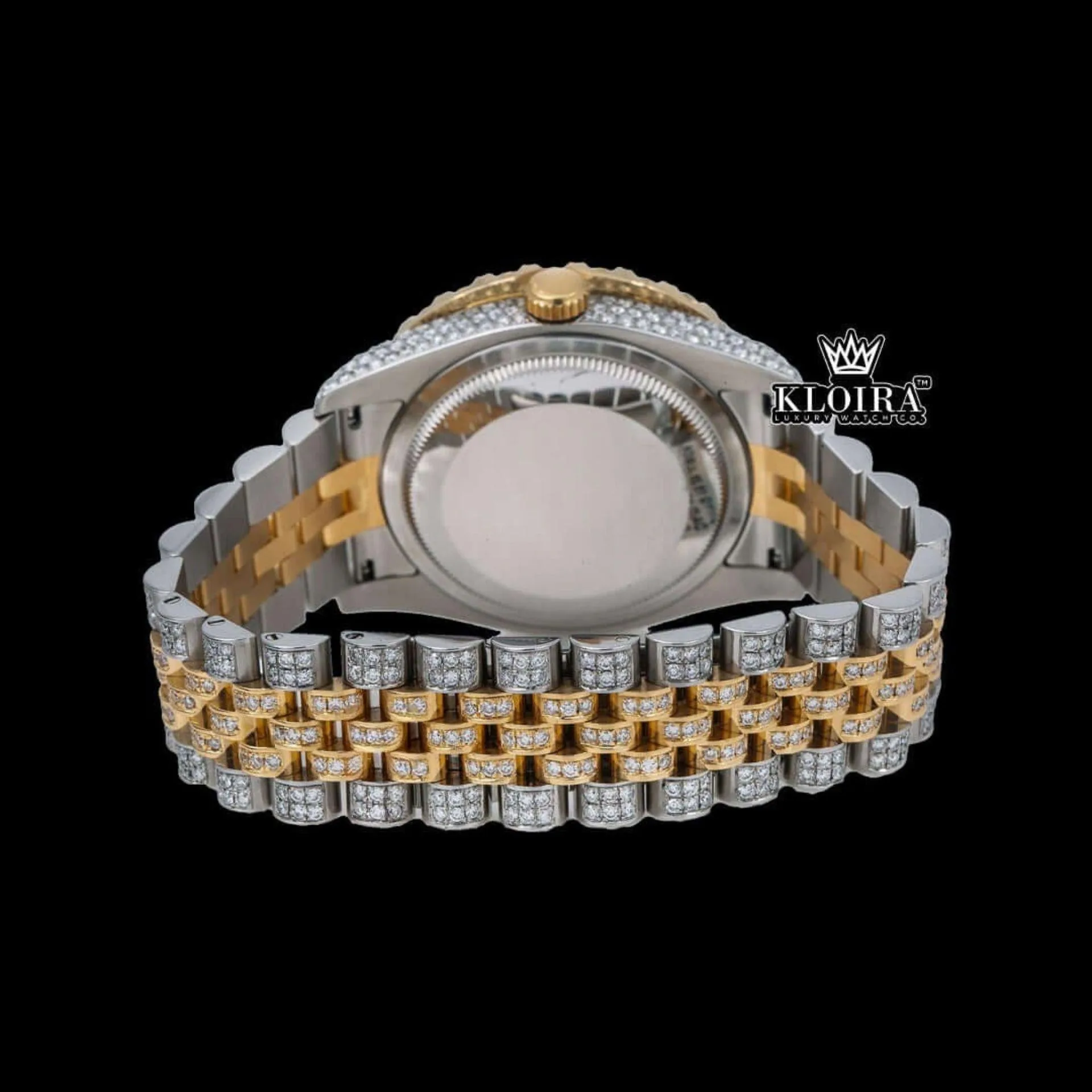 Diamond Bezel Arabic Dial Two Tone Iced Out Moissanite Watch Caseback View
