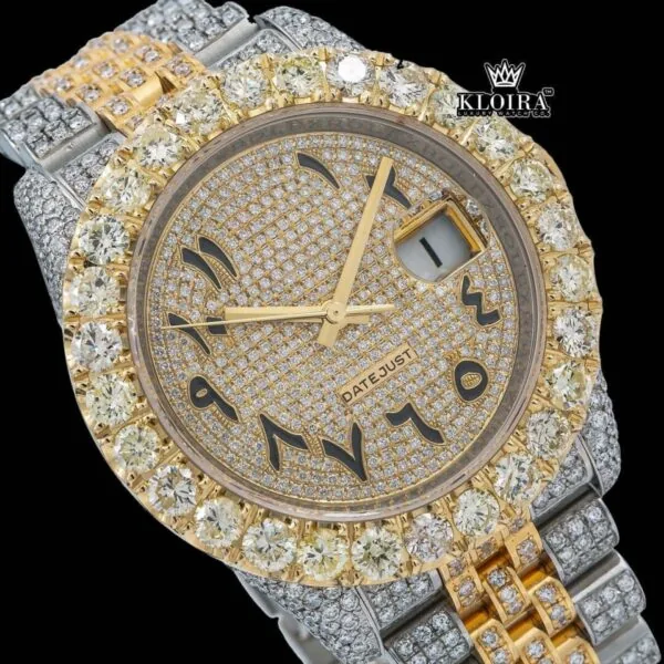 Diamond Bezel Arabic Dial Two Tone Iced Out Moissanite Watch Close Up Dial View