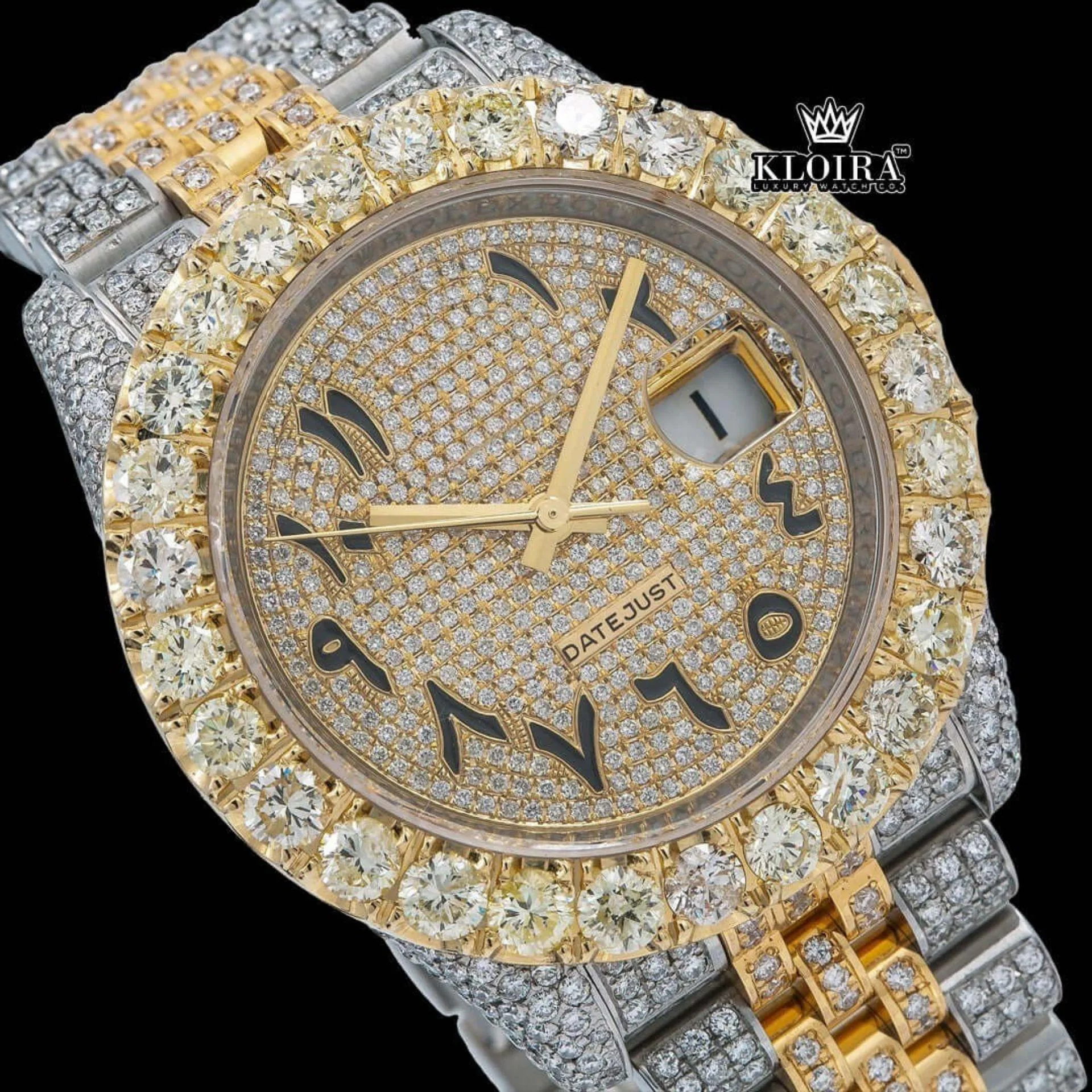 Diamond Bezel Arabic Dial Two Tone Iced Out Moissanite Watch Close Up Dial View