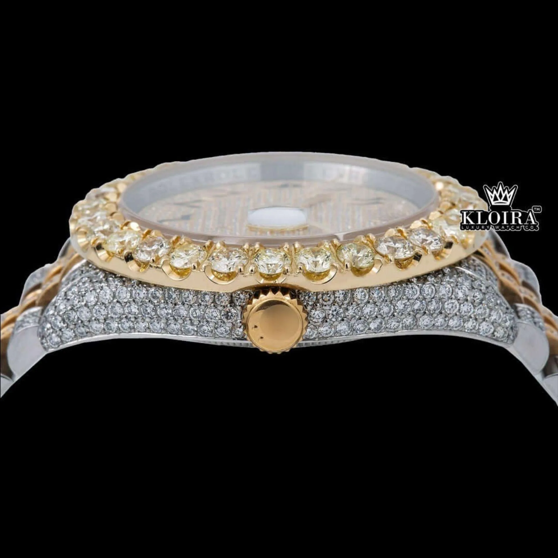 Diamond Bezel Arabic Dial Two Tone Iced Out Moissanite Watch Crown View