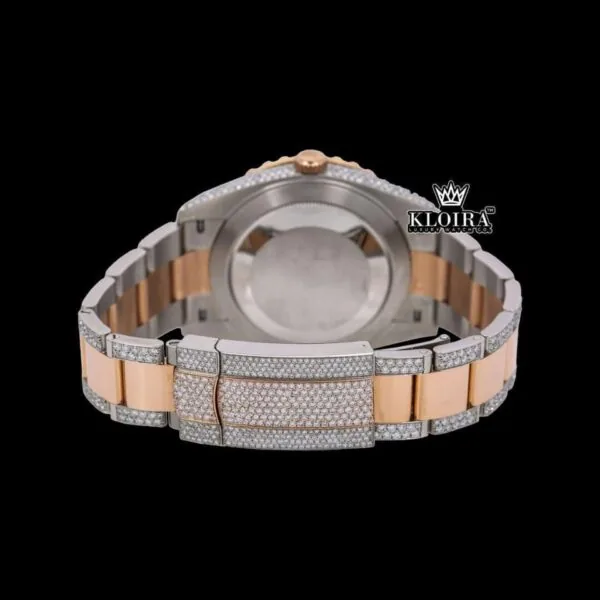 Diamond Bezel Black Arabic Numerals Dial Two Tone Iced Out Moissanite Watch Caseback View